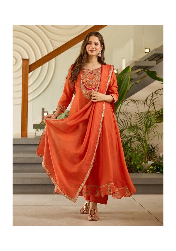 Malishka Export Embroidered Rust Kurta Pant Set for Women - Image 5